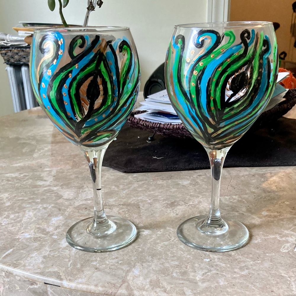 Hand painted Peacock Feather wine glasses set of 2